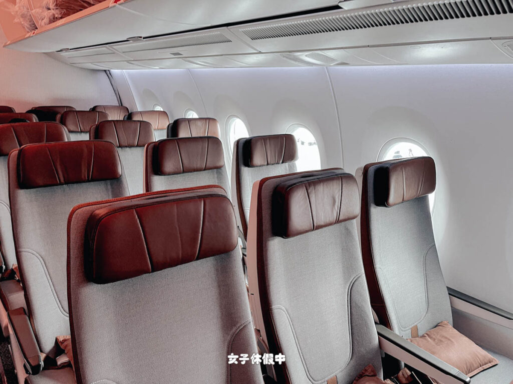 JX800使用A350-900執飛，座位是左中右各三排座椅。飛機內部的配色非常沈穩有質感，佷新又乾淨的感覺。